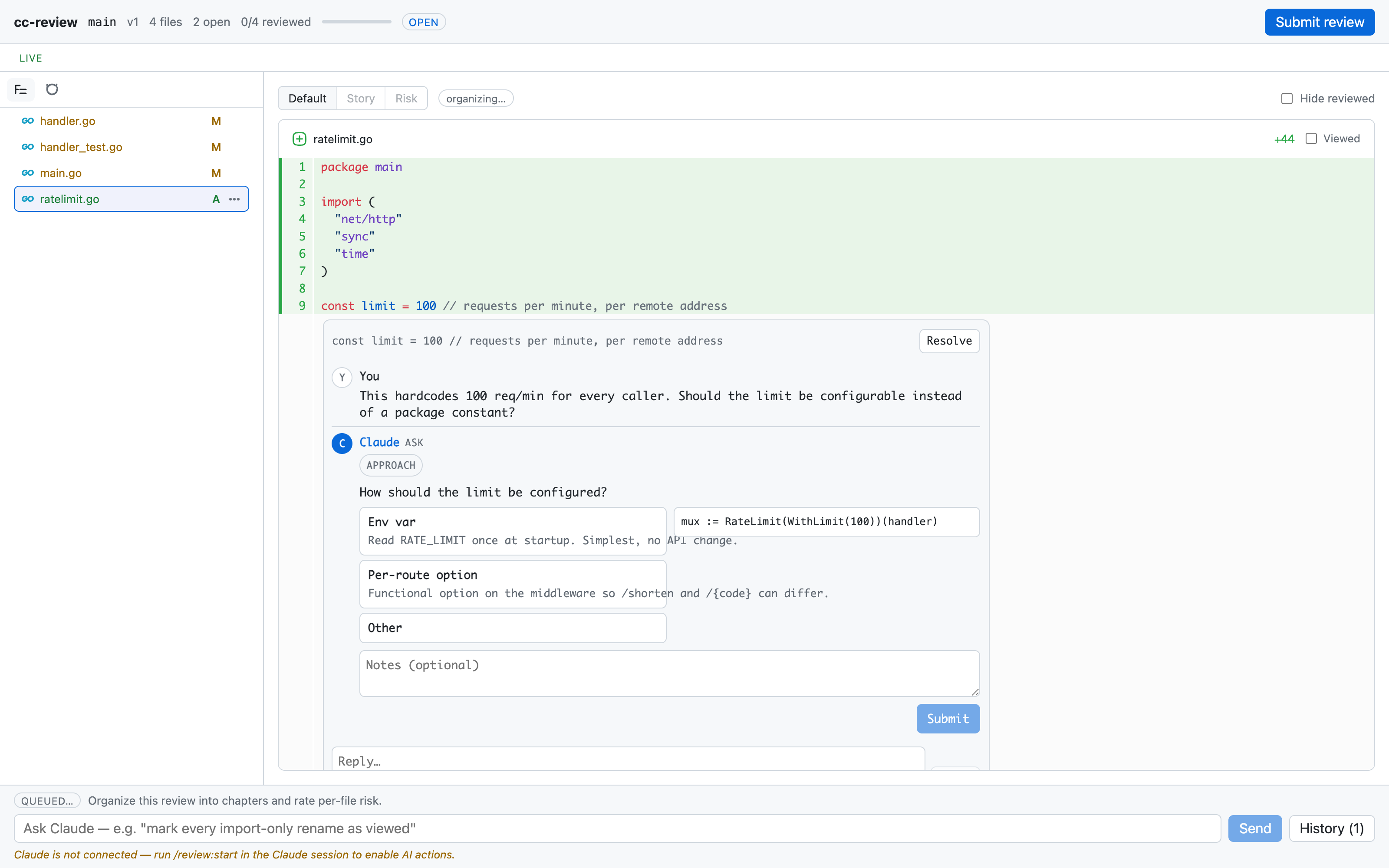 A Claude ask card with selectable options rendered under an inline review comment