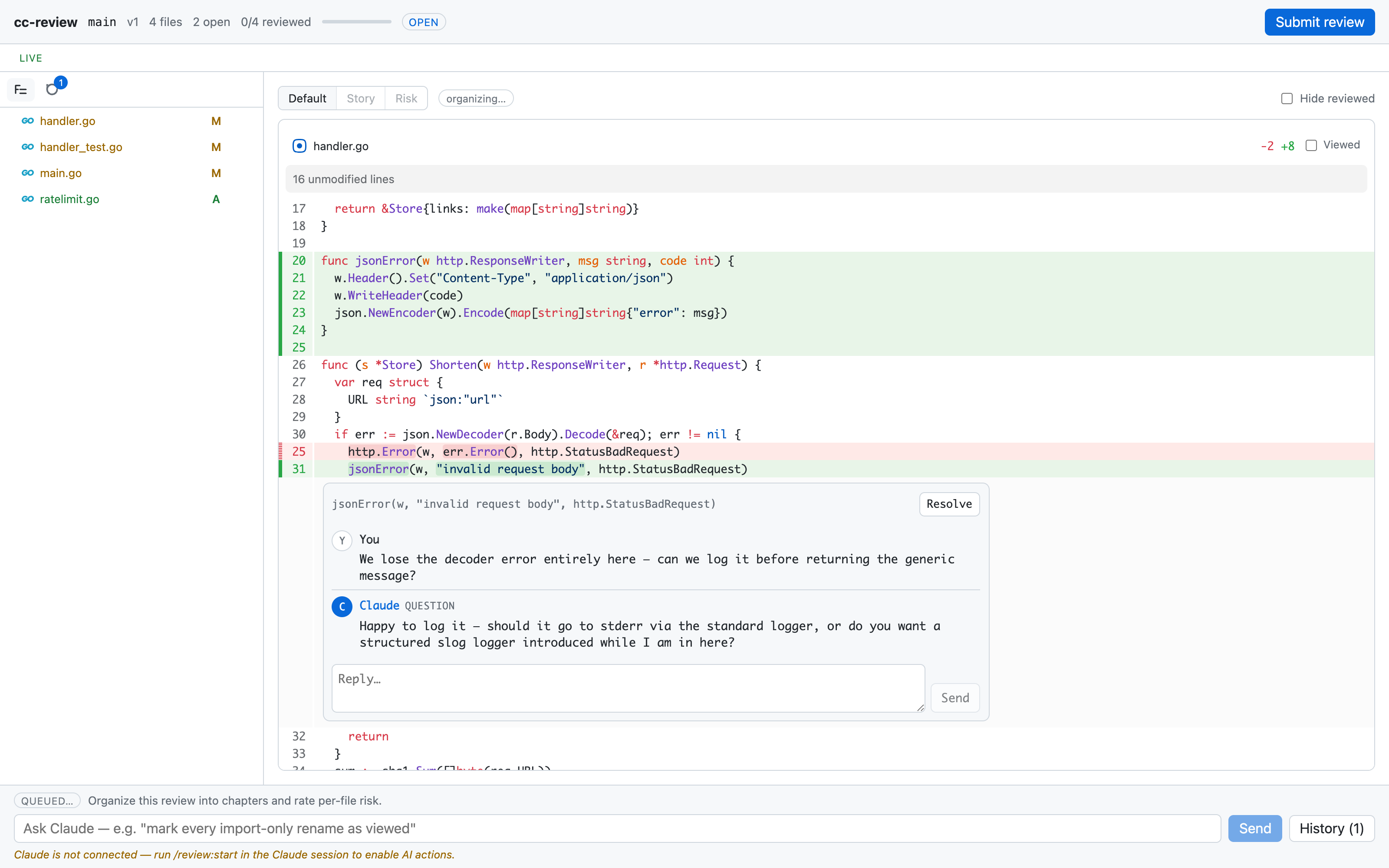 The cc-review web UI: a PR-style diff of the uncommitted working tree with a file tree, review progress, and an inline comment thread